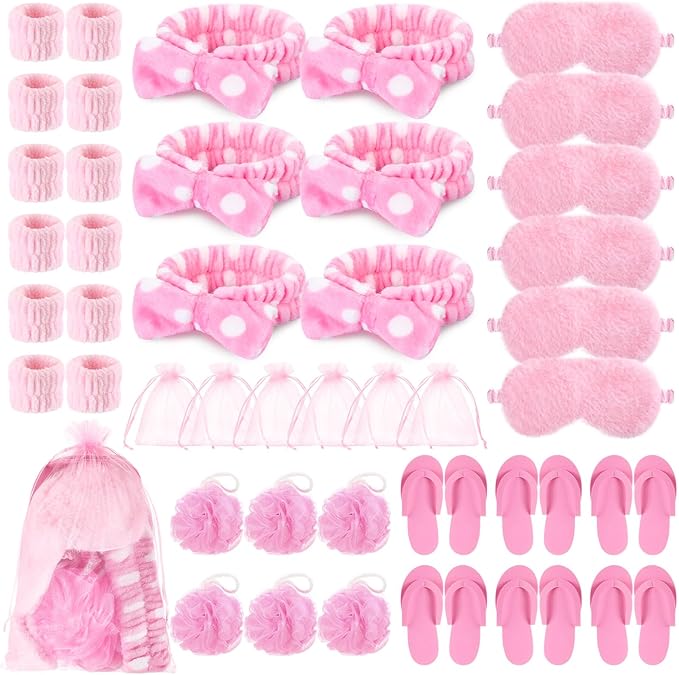42 Pcs Spa Sleepover Party Supplies Bulk for Women Include 6 Pink Spa Hairbands 6 Plush Eye Masks 12 Wristbands 6 Bath Loofahs 6 Pairs Disposable Slippers 6 Organizer Bags for Women Slumber Party Gift