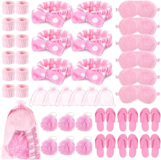 42 Pcs Spa Sleepover Party Supplies Bulk for Women Include 6 Pink Spa Hairbands 6 Plush Eye Masks 12 Wristbands 6 Bath Loofahs 6 Pairs Disposable Slippers 6 Organizer Bags for Women Slumber Party Gift