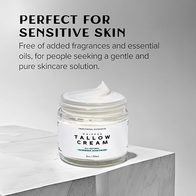 Whipped Tallow Face Moisturizer Pure Suet Beef Tallow Grass Fed Non-Greasy Nourishing Tallow Cream for Sensitive Skin - 4oz