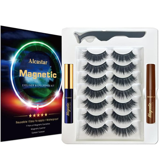 Alcastar Magnetic Eyelashes with Eyeliner Kit,Natural Magnetic Eyelash,Water, proof Reusable Long Lasting, Easy Apply (Mink Fluffy7226)