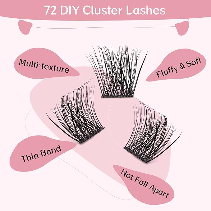 Cluster Lashes 72 Pcs Lash Clusters DIY Eyelash Extension Individual Lashes D-14mm Thin Band Easy to Apply at home Lashes (First Glance, D-14mm)