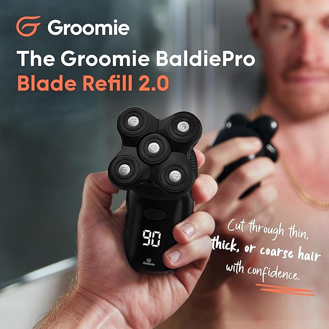 Groomie BaldiePro Cordless Bald Head Shavers for Men, Blade Refill 2.0 - Waterproof Head Shavers Replacement Head - Electric Hair Shaver & Head Razor for Bald Men, Men's Rotary Shaver for Smooth Shave