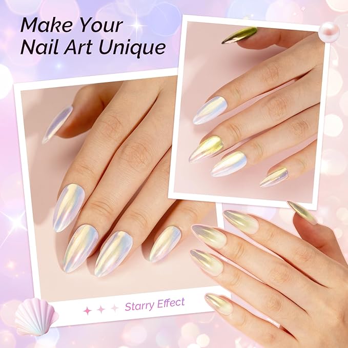 MelodySusie Unicorn Chrome Nail Powder,Ice Transparent Aurora,Mirror Effect,Color Changing Pearlescent,Multi-color Chrome Rainbow Pigment Super Shiny,Suitable for Home DIY Nail Salon