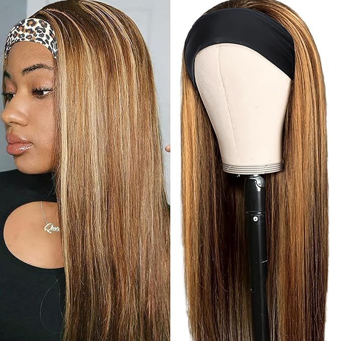 Aiterina Ombre Straight Headband Wig Human Hair Honey Blonde Wig 4/27 Glueless None Lace Front Wigs for Black Women Brazilian Virgin Hair Wigs 150% Density 14 Inch