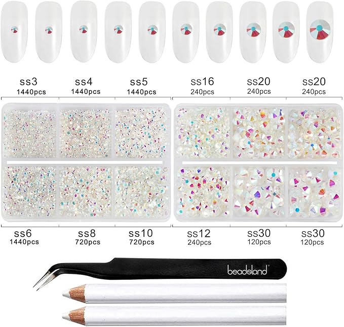 Beadsland 8300PCS Flatback Rhinestones, Glass Rhinestone Nail Gems Round Crystal Rhinestones for Crafts, Mixed 10 Sizes with Wax Pencil and Tweezer Kit, SS3-SS30, Transparent AB