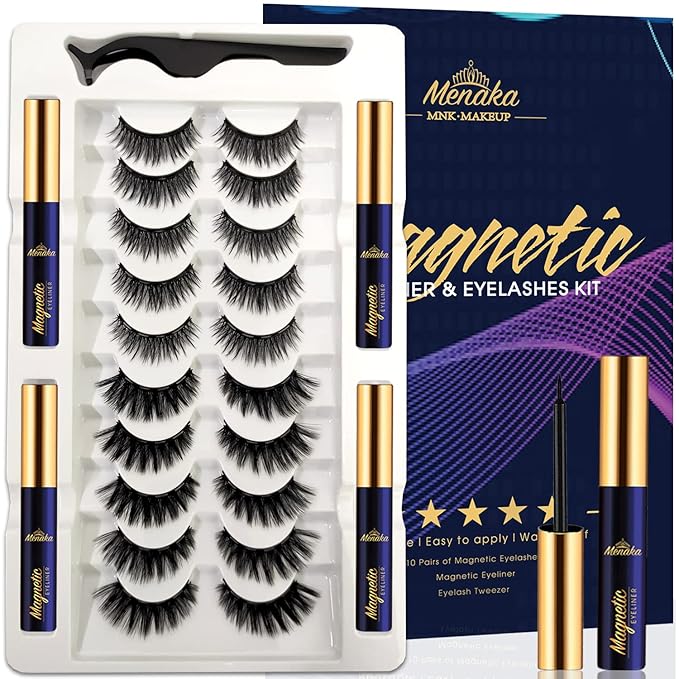 Magnetic Eyelashes with Eyeliner Kit, Magnetic Lashes and Eyeliner Kit with Applicator, Updated Most Natural Look,Strongest Hold,Waterproof, 10 Pairs Reusable False Lashes Easy to Use.