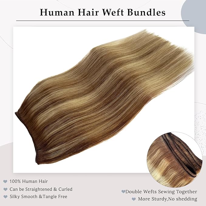 Sew in Bundles Hunan Hair Weft Extensions 24 Inch Ombre Brown Balayage Ash Blonde Highlights Hair Extensions Real Human Hair Sew in 120G Hand Tied Weft Human Hair Bundles Weave Extensions for Women