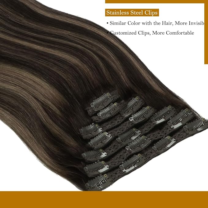 Loxxy Straight Clip in Hair Extensions Real Human Hair for Black Woman 16Inch Omber Natural Black Ombre To Chestnut Brown Natural Hair Extensions Clip ins R1B-1B/6A 120g 7pcs 16clips