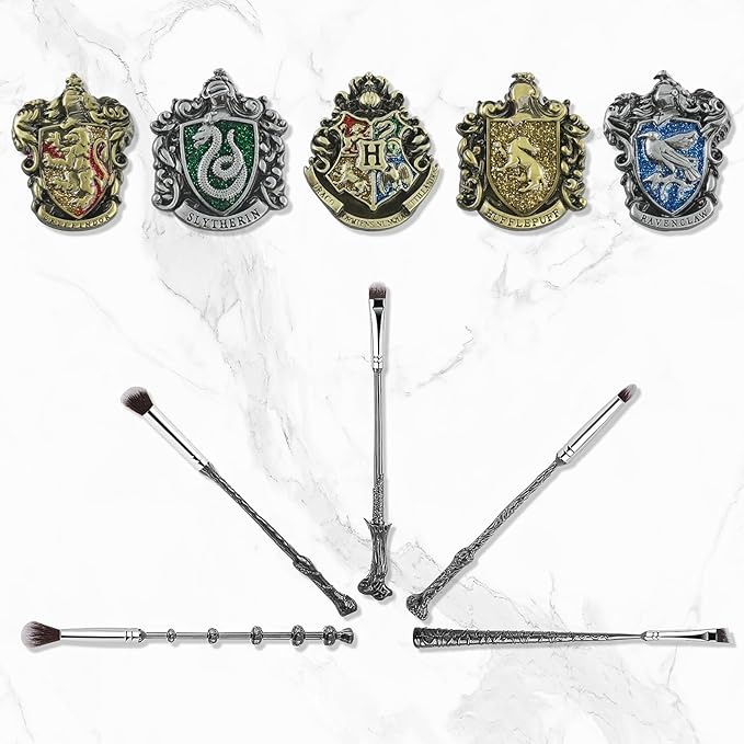Harry Makeup Brushes with 5 Wizardary School Houses Pins, Potter Makeup Brushes Gift Set for Women Girls, Christmas Birthday Gifts for Kids