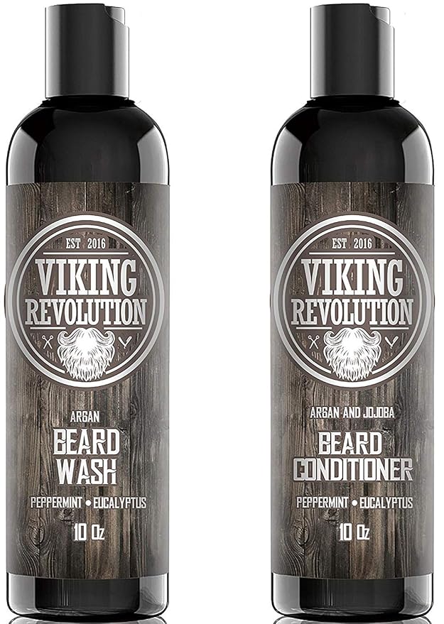 Viking Revolution Beard Shampoo and Conditioner Set - Top-tier Beard Care Kit with Argan & Jojoba Oils for Healthy Beard Growth, No Itching or Irritation, Rich Lather, Eucalyptus Scent (10 oz)