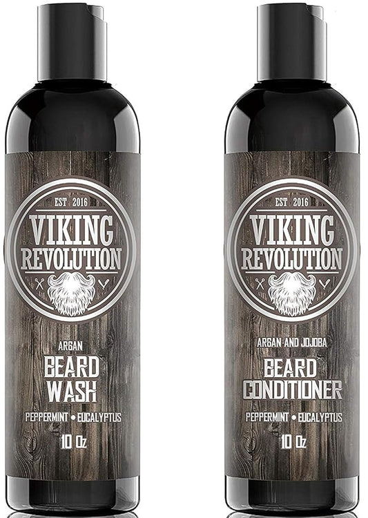 Viking Revolution Beard Shampoo and Conditioner Set - Top-tier Beard Care Kit with Argan & Jojoba Oils for Healthy Beard Growth, No Itching or Irritation, Rich Lather, Eucalyptus Scent (10 oz)