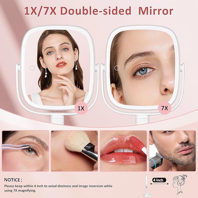 Lighted Makeup Mirror, Height Adjustable 1x/7x Magnifying Vanity Mirror, 2600mAh Rechargeable Makeup Mirror with Lights 3 Color, Double Sided 360° Rotation Desk Travel Mirror, Gifts for Women