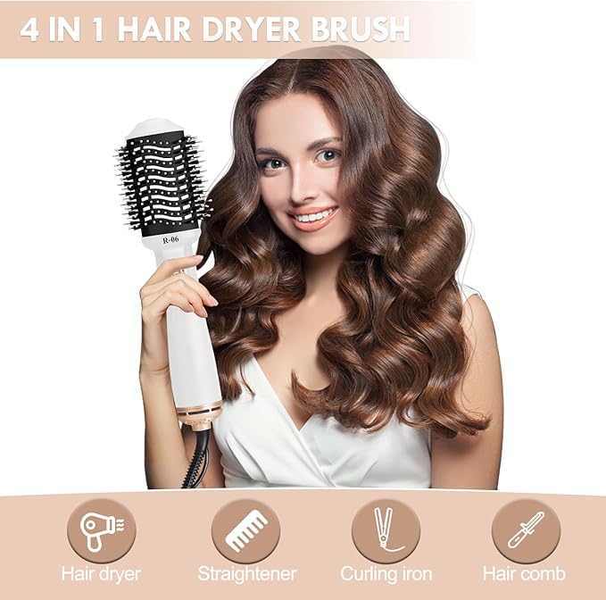 Hair Dryer Brush Blow Dryer Brush in One, 4 in 1 Hair Dryer and Styler Volumizer with Oval Barrel, Professional Salon Hot Air Brush for All Hair Types, Bright White