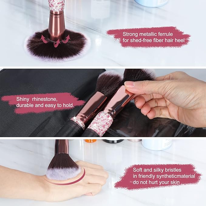 Makeup Brushes Bling Crystal Professional Face Cosmetics Blending Liquid Foundation Powder Concealer Eye Shadows Make Up Beauty Tool Glitter with Pouch Bag Kit Purely Handmade (12PCS) (Pink)