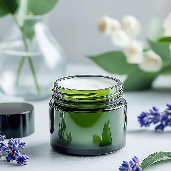 KEYWING 2oz Green Small Glass Jars with Black Lids, 35 Pack Empty Glass Cosmetic Jars with Inner Liners for Lotions, Cream, Powders and Ointments