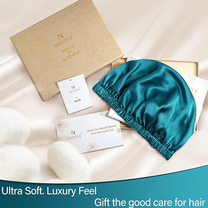 22 Momme 100% Mulberry Double Silk Bonnet for Sleeping Women Double Layer Lined Stay On Head for Hair Care with Adjustable Elastic Band Non-Slip Silk Turban Curly Hair Silk Hair Cap Blue