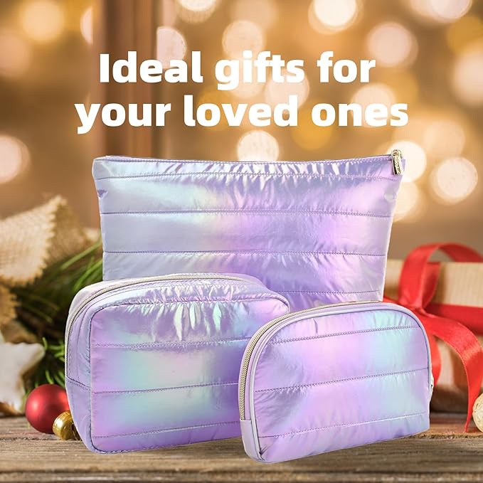 Hiroyuki 3pcs Iridescent Quilted Makeup Bag (plain, purple)