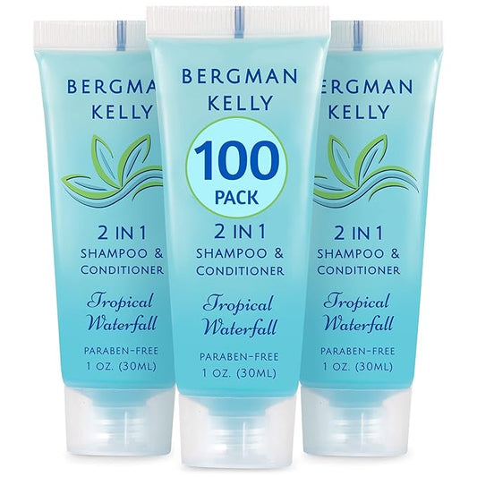 Bergman Kelly - Travel Size 2 in 1 Shampoo & Conditioner - 1 fl oz, 100 PK, Tropical Waterfall - Delight Your Guests w/Invigorating & Refreshing Shampoo Amenities - Small Hotel Toiletries in Bulk