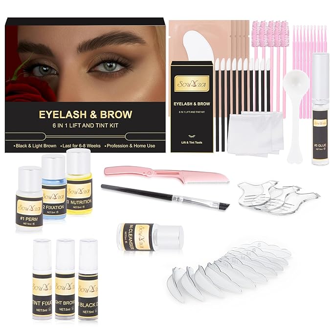 Eyebrow and Lash Lamination Kit, SCUNDA Lash Lift and Tint Kit, 6 IN I Professional Brow Lamination Kit with Black, Brow Colors, Instant Lash Lift Kit for Beginners, Fuller, Curling, Tinting