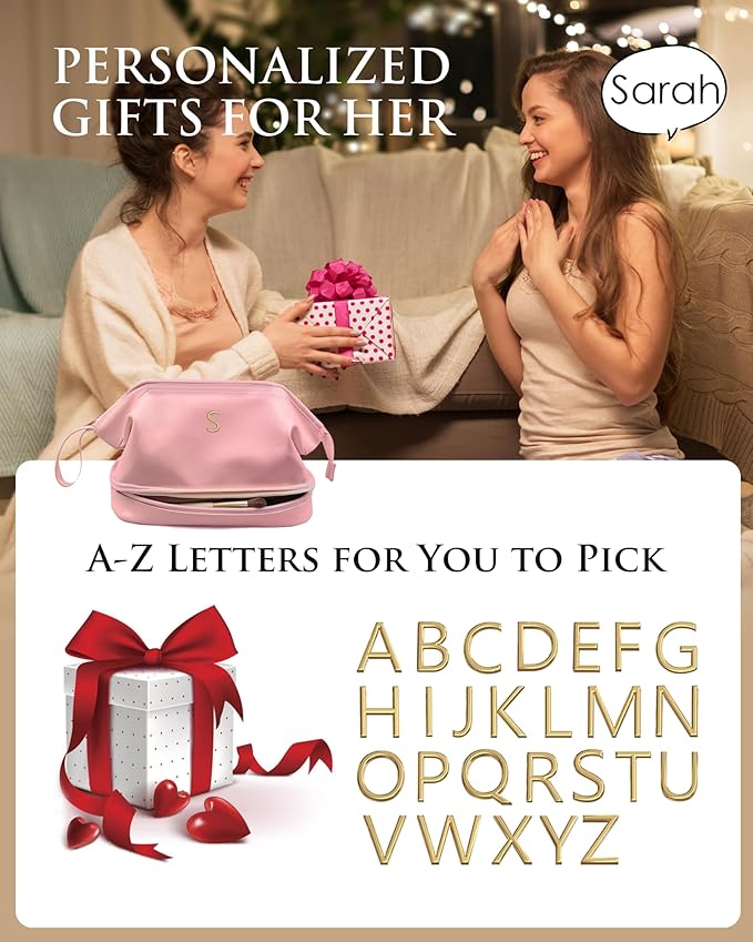 Personalized Gifts, Initial Makeup Bag, Personalized Double Layer Cosmetic Bag with Makeup Brush Organizer, Large Capacity PU Leather Travel Toiletry Bag Bride Gifts, Bridal Party Gifts