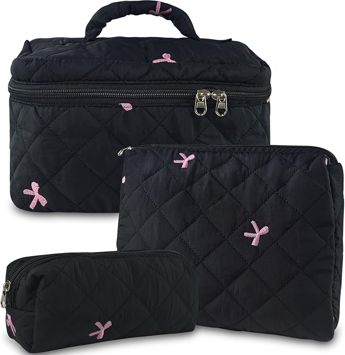 3Pcs Quilted Makeup Bag, Cute Floral Cotton Cosmetic Bag set, Coquette Bow Makeup Pouch Large Travel Toiletry Bag