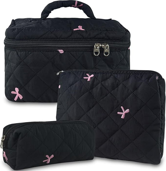 3Pcs Quilted Makeup Bag, Cute Floral Cotton Cosmetic Bag set, Coquette Bow Makeup Pouch Large Travel Toiletry Bag