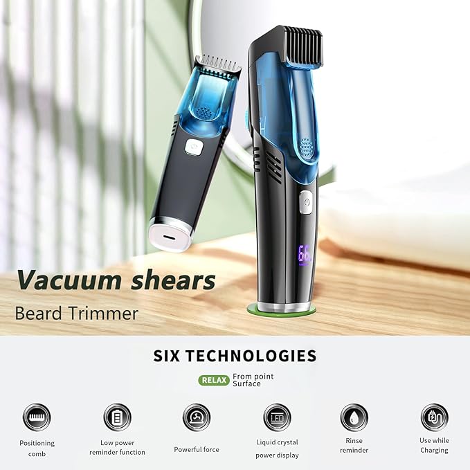 Electric Beard Trimmer for Men, Vacuum Beard Trimmer, 20 Length and Style Settings with Adjustable Length Comb (1-20mm) Mustache Trimmer, Washable, Removable Blades - Blue