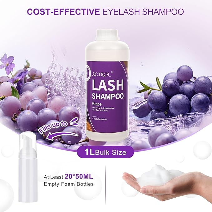 Eyelash Extension Cleanser Grape 1L Natural Lash Extension Shampoo Professional Eyelid Foaming Cleanser Paraben & Sulfate Free Non-lrritating with Salon and Home Care