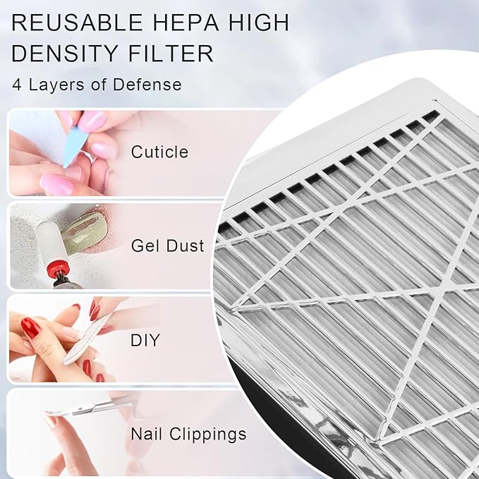 CoFashion Silver Nail Dust Collector & 2pcs Nail Dust Collector Filters-80w Nail Vacuum Dust Collector for Manicure, 2pcs Reusable Filter Replacement