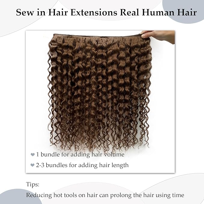 Ubetta Human Hair Weft Extensions, 24 Inch Chocolate Brown Hair Extensions Real Human Hair Sew in Weft Weave Hair Extensions 120G Double Weft Full Head Curly Human Hair Weaves Hair Wefts Bundles