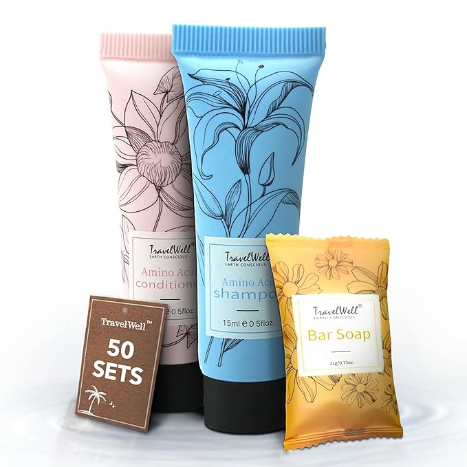Travel Well Mini Shampoo and Conditioner Sets with Hotel Soap Bars for Guests - Travel Size Toiletries Bulk - 150 Pieces (50 Each of Shampoo, Conditioner, Soap)
