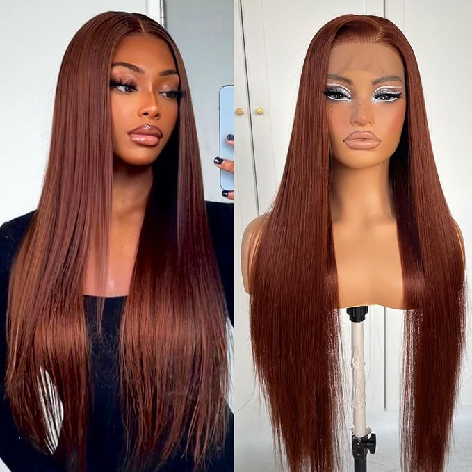 13x6 Reddish Brown Lace Front Wig Pre-Plucked Glueless Straight HD Lace Front Wig Synthetic Red Brown Long Straight Lace Front Wig 32inch