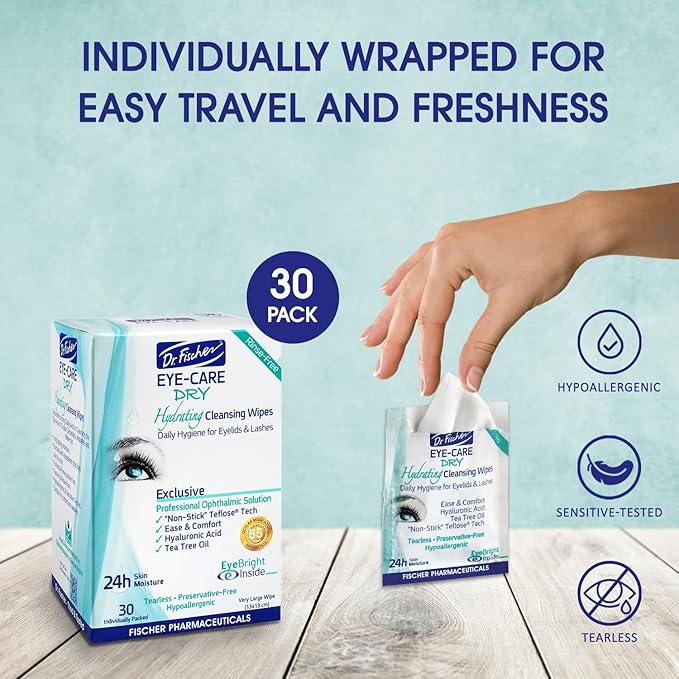 Dr. Fischer Tea Tree Eyelid Wipes - Gentle Eye Wipes for Everyday Eye Cleansing and Hypoallergenic Makeup Remover