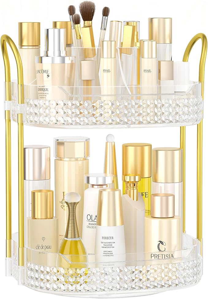360 Rotating Makeup Organizer 2 Tier, Large Skincare Clear Make Up Storage Spinning Perfume Organizers for Bathroom Counter Dresser, White