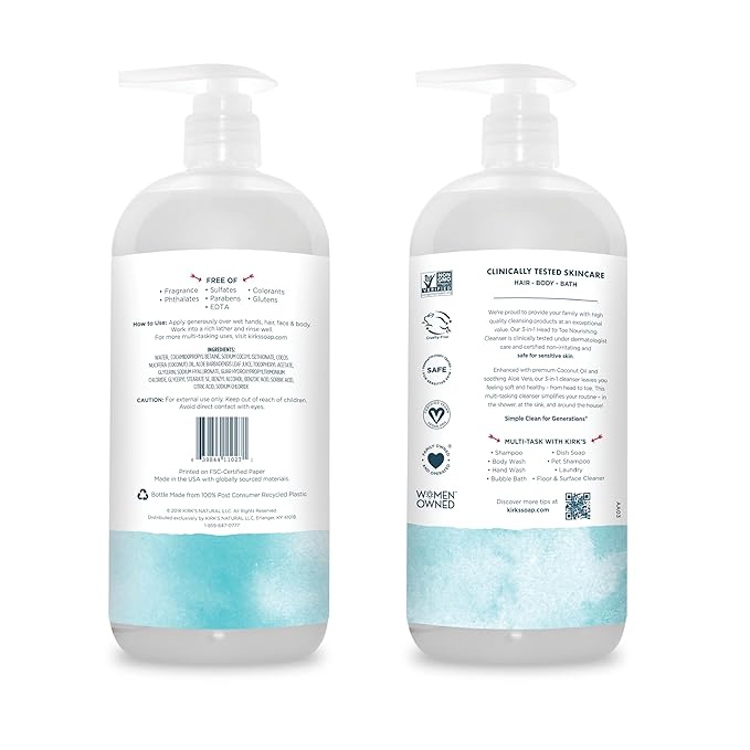 Kirk's 3-in-1 Head to Toe Nourishing Liquid Cleanser & Travel Size Bar Soap - for Men, Women & Children - Premium Coconut Oil and Aloe Vera- Non GMO & Vegan -Fragrance Free - 32 Fl Oz. 2 pack