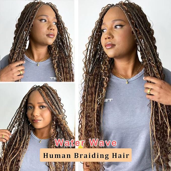 Ombre Braiding Hair 2 Bundle 100g 4/27 Human Braiding Hair Deep Water Wave Honey Blonde Braiding Hair Highlight Bulk Human Hair 12A Brazilian Brown Bariding Hair (22 Inch)