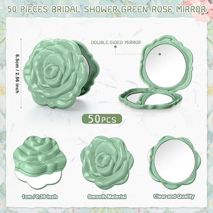 50 Sets Bridal Shower Party Favors for Guests Small Rose Compact Mirror Bulk Wedding Favors Thank You Cards and Organza Bags Wedding Party Guests Souvenir Gift (Green)