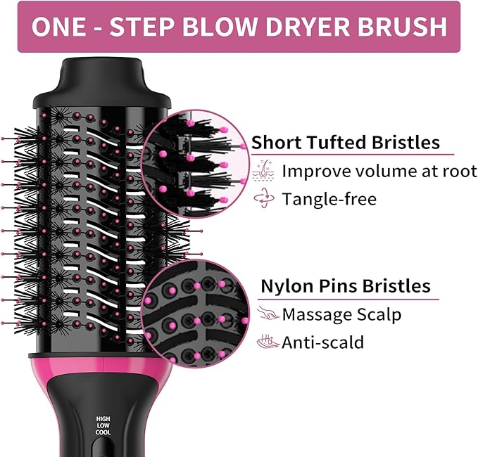 Dual Voltage Hair Dryer Brush for European Travel, 120V - 240V One Step Hair Dryer and Styler Volumizer, Professional Blow Dryer Brush with Negative Ion Anti-frizz for Drying, Straightening, Salon