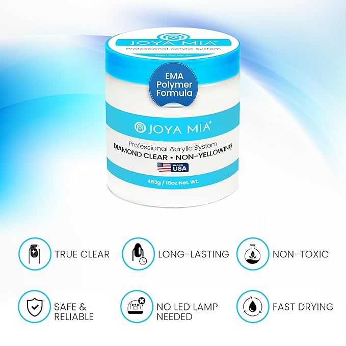 Joya Mia Acrylic Powder for Nails, MMA-Free, Super Adhesion Professional Powder for Flawless & Long-Lasting Nail Enhancements, Easy Application, Vibrant & Stunning Colors - Diamond Clear, 16 oz
