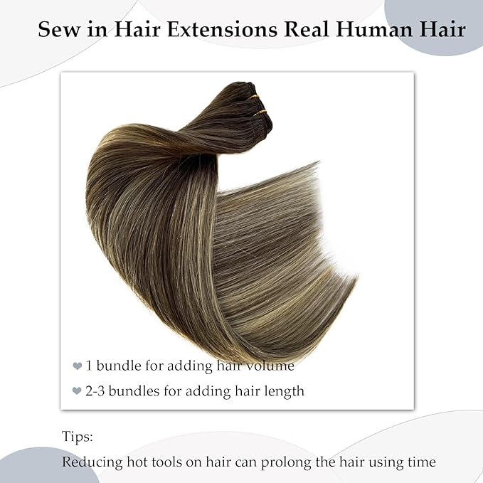 Sew in Hair Extensions Real Human Hair, Hand Tied Human Hair Weft Extensions 16 Inch Ombre Ash Brown to Ash Blonde Balayage Blonde Highlights Hair Weft 80G Straight Human Hair Weft Weaves Bundles