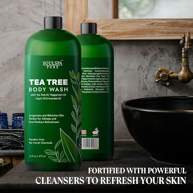 Tea Tree Body Wash Men & Women - Shower Gel Soap with Peppermint - Helps with Body Odor, Soothes Itching, Deep Cleansing Post Workouts - 16 fl oz x 2