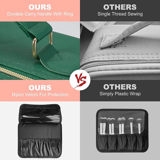 Mocado Travel Makeup Bag with LED Lighted Mirror,Travel Makeup Organizer,Makeup Case with 3 Color Lighted Setting and 10x Magnifying Mirror,Portable Storage and Adjustable Dividers Makeup Box(Green)