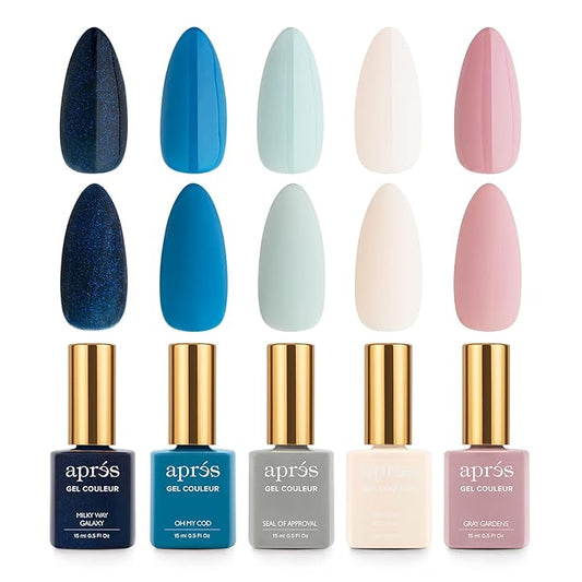 Apres Gel Couleur Combo Set, 5 Color Gel Nail Polish, Bright Nude Pastel Colors with Brush-X Nail Art Brush, 2024 Edition (Set 18)