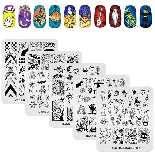 KADS 5pcs Nail Stamp Plates Set Halloween Nails Art Stamping Plate Thrill Pattern Bat Spider Skeleton Pumpkin Lantern Witch