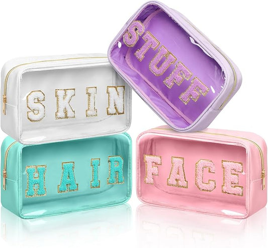 Pinkunn 4 Pcs Preppy Makeup Bags Christmas Chenille Letter Bag Face Skin Hair Stuff Cosmetic Bag Corduroy Makeup Pouch with Zipper Birthday Gifts for Women(Gentle Color)