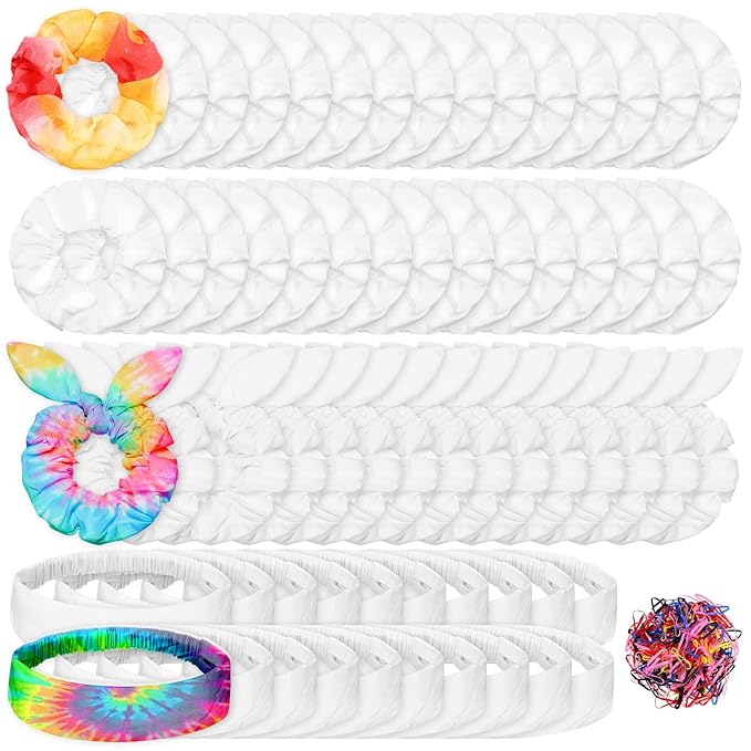 65 Pcs White Cotton Scrunchies Hair Ties Accessories for Tie Dye Party Supplies Including 30 Scrunchies 15 Bow Hair Ties 20 Headband Non Slip Stretchy Elastic Head Wrap Holder for Women DIY Tie Dye