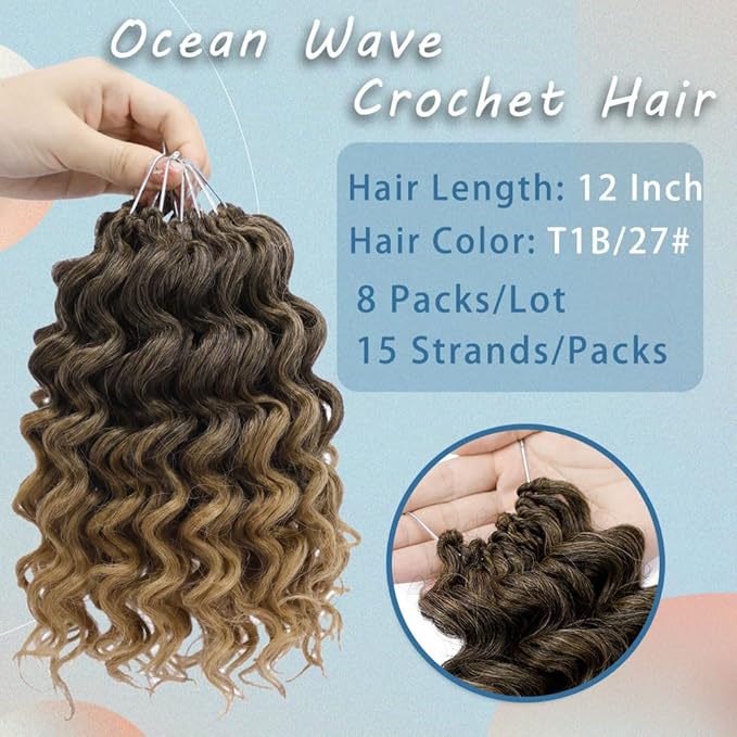 8 Packs Ocean Wave Crochet Hair Water Wave Crochet Braids for Women 12 Inch Short Curly Crochet Hair Beach Curl Deep Twist Crochet Braids Synthetic Braiding Hair Extensions (12 Inch, T1B/27#)