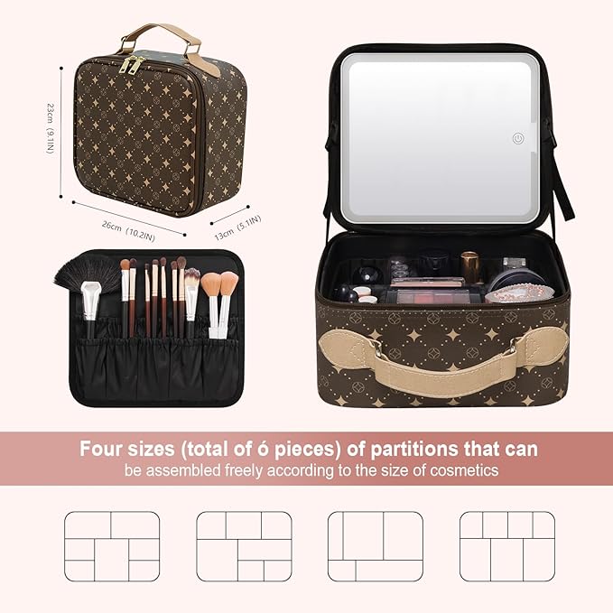 Travel Makeup Bag With 360° rotating LED Mirror,Waterproof cosmetic organizer,Portability Cosmetic case,Makeup organizer,Gift for Women,Girls Gift (Brown)