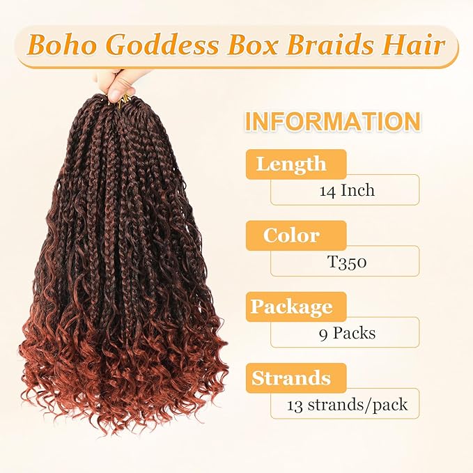 9 Packs Goddess Box Braids Crochet Hair Boho Crochet Box Braids With Curly Ends Crochet Hair For Black Women, 14 Inch Pre Looped Bohemian Crochet Box Braids Hair (14Inch 9 Packs,T350#)