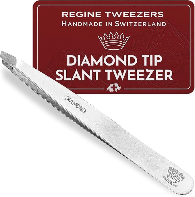 Professional Tweezers Diamond Slant Tip - Diamond Tip Tweezers for Men & Women - High Precision Design for Face, Eyebrow, Hair & Grooming - Stainless Steel Handmade Beauty Tool
